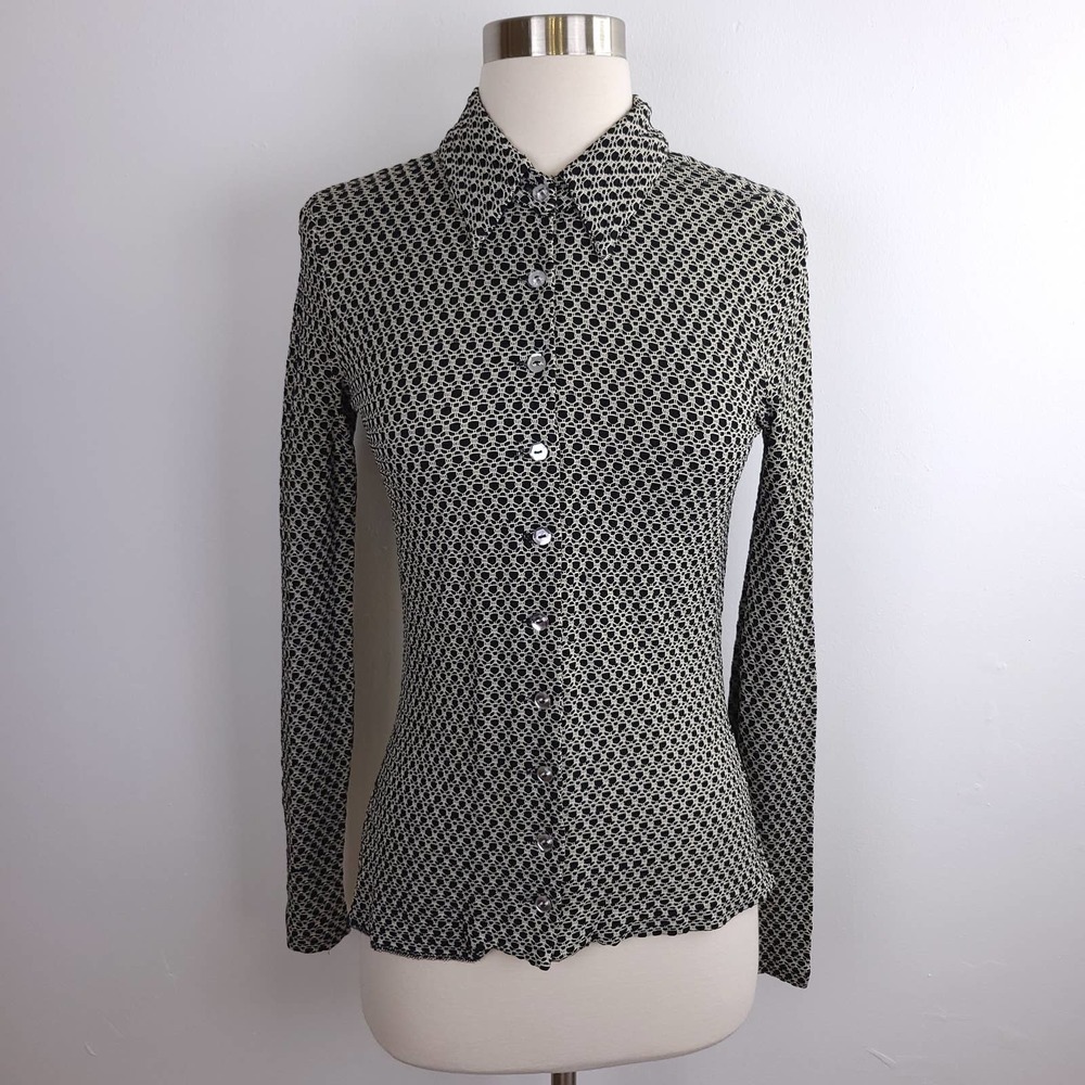 Betsey Johnson Stretch Button Down Long Sleeve Blouse Black White Medium